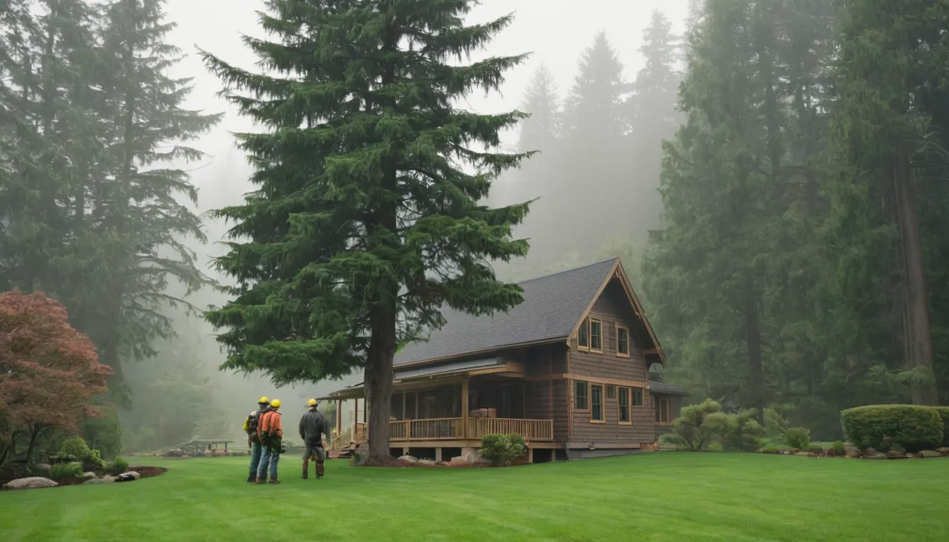 A tall tree beside a wood-frame home near Portland before removal